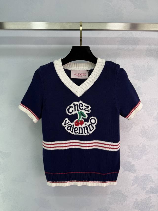 Valen*2025 Spring/Summer New Arrival Knit Short-Sleeve Top Cherry-Themed Design,