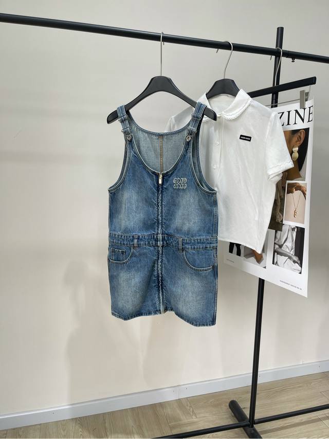 M Light Blue Distressed Zipper Denim Overalls Skirt , Fabric: Denim Cotton Color