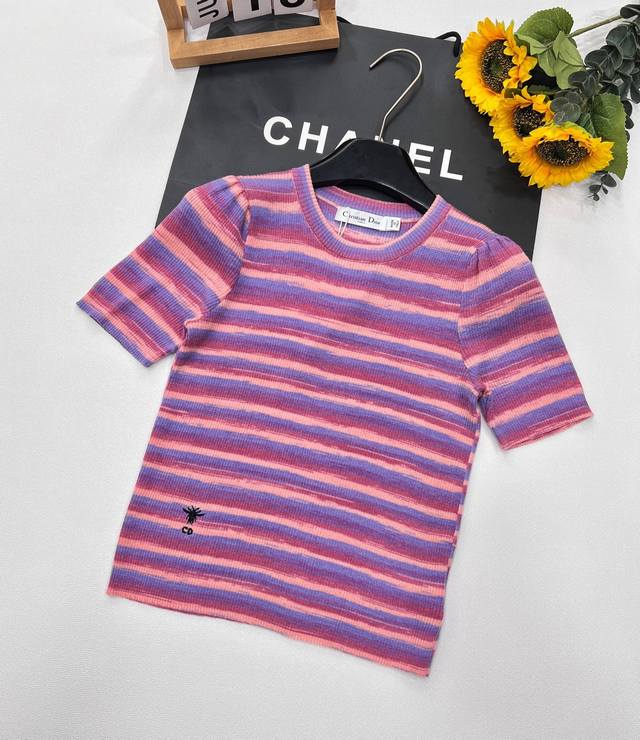 Dior New Arrival Colorful Striped Short-Sleeve Blouse, Perfectly Blending Rainbo