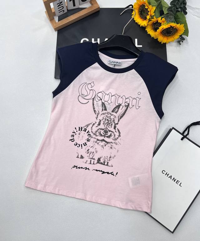 Ganni 25Ss New Arrival Color-Blocked Short-Sleeve T-Shirt, This Top Is Absolutel