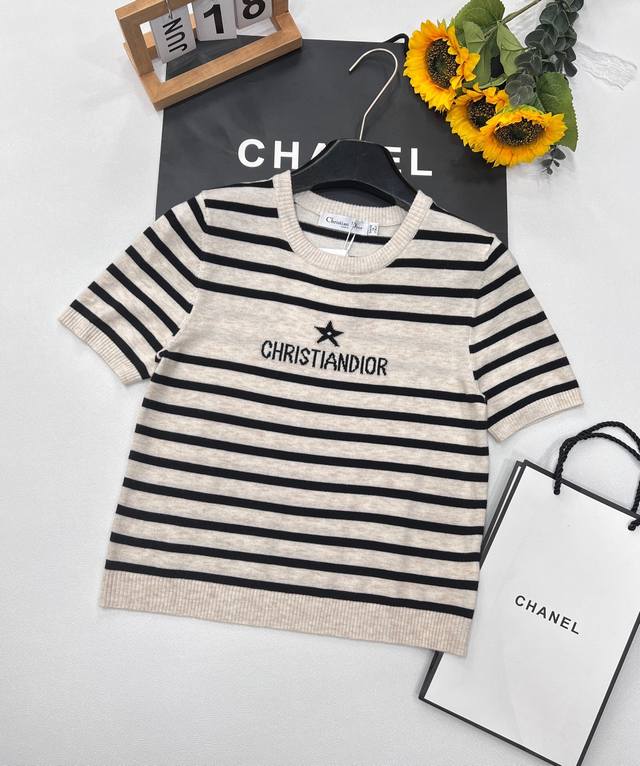 Dior New Five-Pointed Star Letter Jacquard Stripe Knit Short-Sleeve Top, Classic