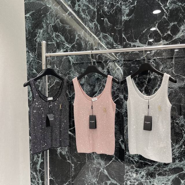 Ysl 2025 Summer New Arrival U-Neck Knit Tank Top With Letter Brooch On The Chest