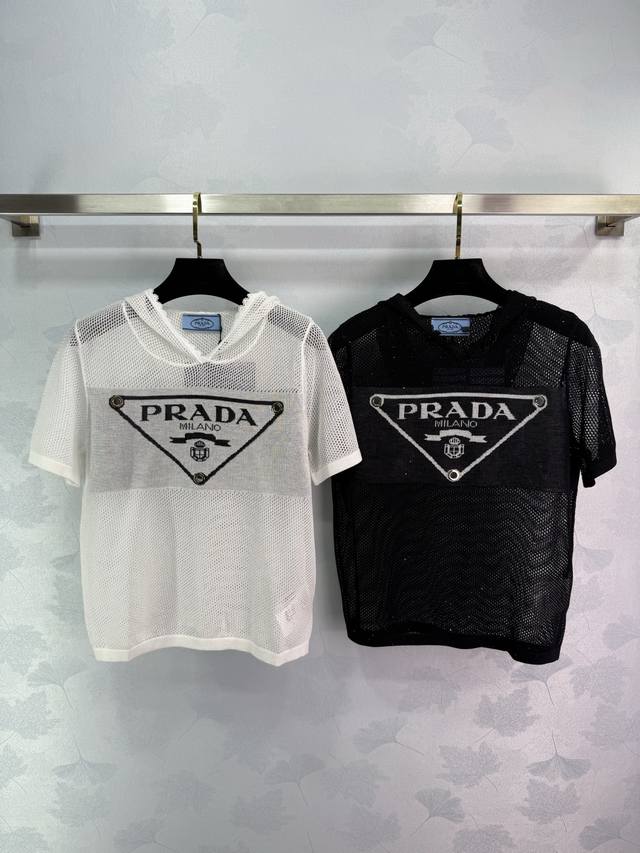 Prad* 2025 Spring/Summer Latest Collection! Lace-Up Hooded Knit Short-Sleeve Top