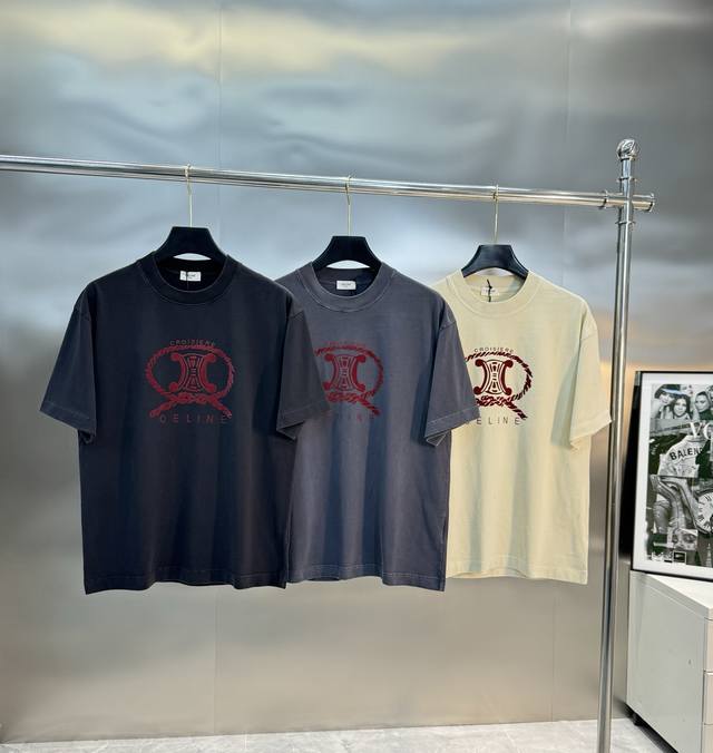 Celine25S New Round Neck T-Shirt.Heavy-Washed Streetwear T-Shirt! Unisex Design
