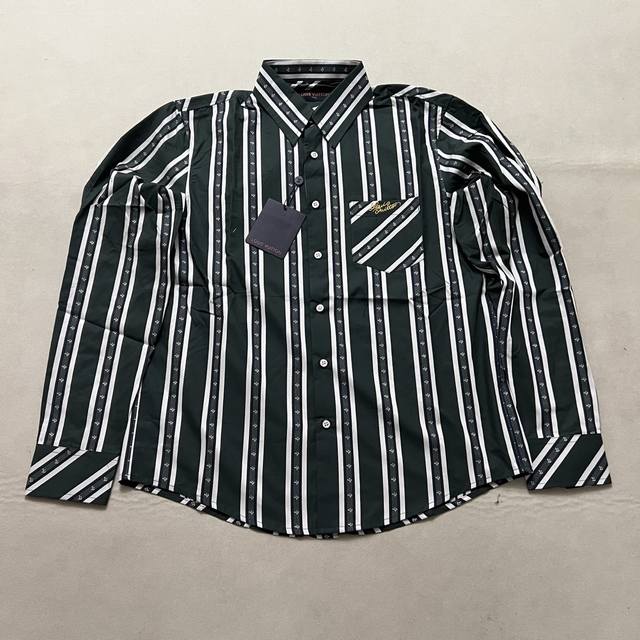 Lv Striped Pocket Embroidered Long-Sleeve Shirt