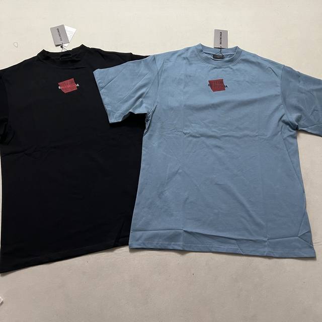 Balenciaga Red Tape Letter Round Neck Short-Sleeve Shirt