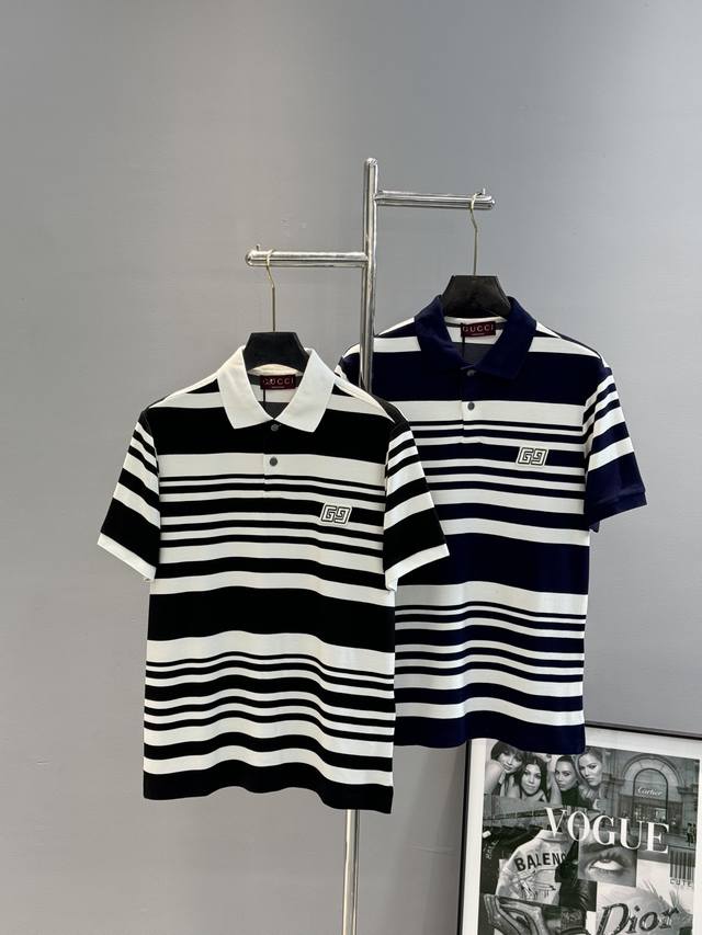 Gucci*New Striped Short-Sleeve Polo Shirt, Made From 100% Cotton Double-Faced Pe