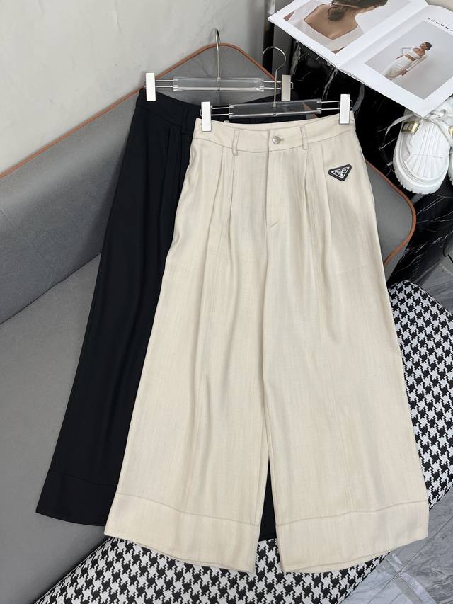 Prad* 25Ss New Silk-Linen Wide-Leg Pants Classic Triangle Logo Decoration High-Q
