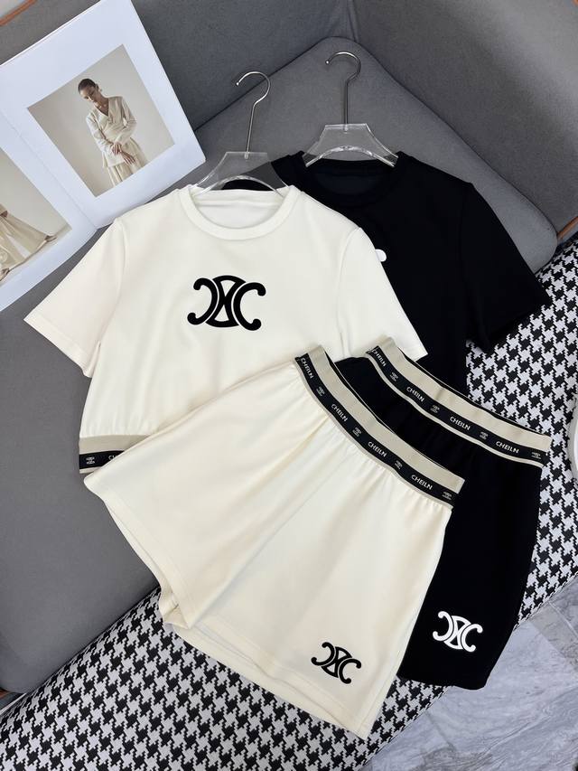 Celin* 25Ss New Arrival T-Shirt Shorts Set With Arc De Triomphe Pattern Velvet E