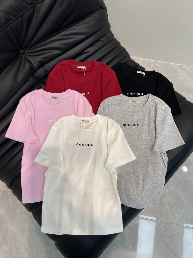 Miumi *25 Spring/Summer New Arrival Stretch Small-Sized Embroidered Letter T-Shi