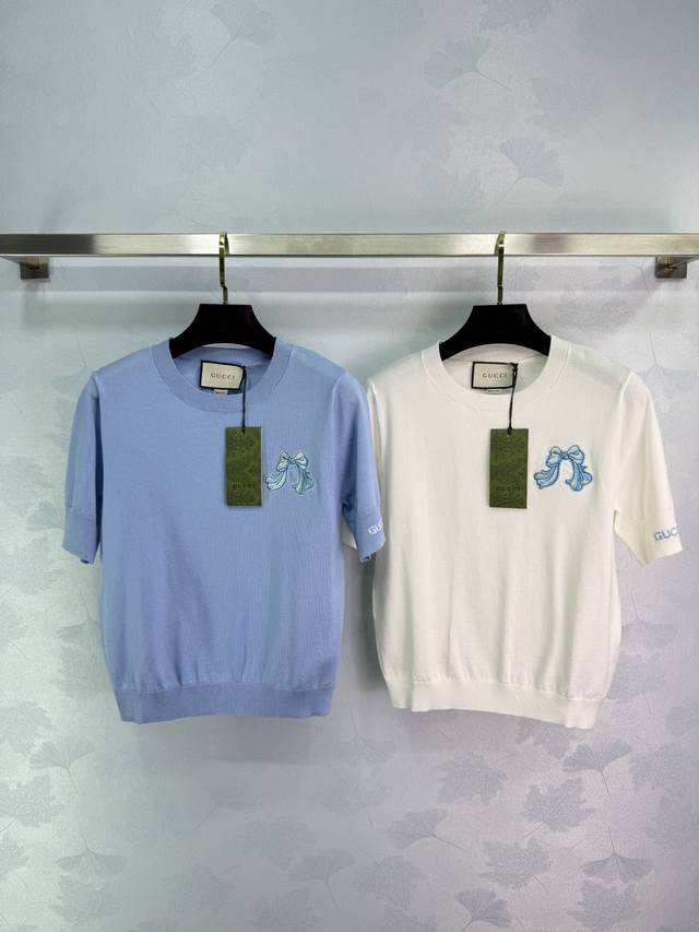 Gucc* 2025 Spring/Summer New Collection! Bow-Knit Short-Sleeve Top!Custom-Made W