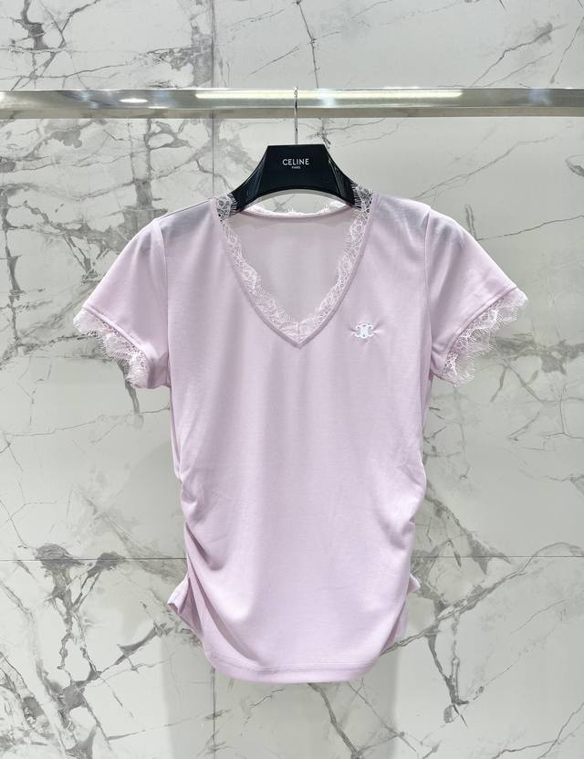 Celine Early Spring New Arrival Lace-Patch V-Neck Short-Sleeve T-Shirt The Lace-