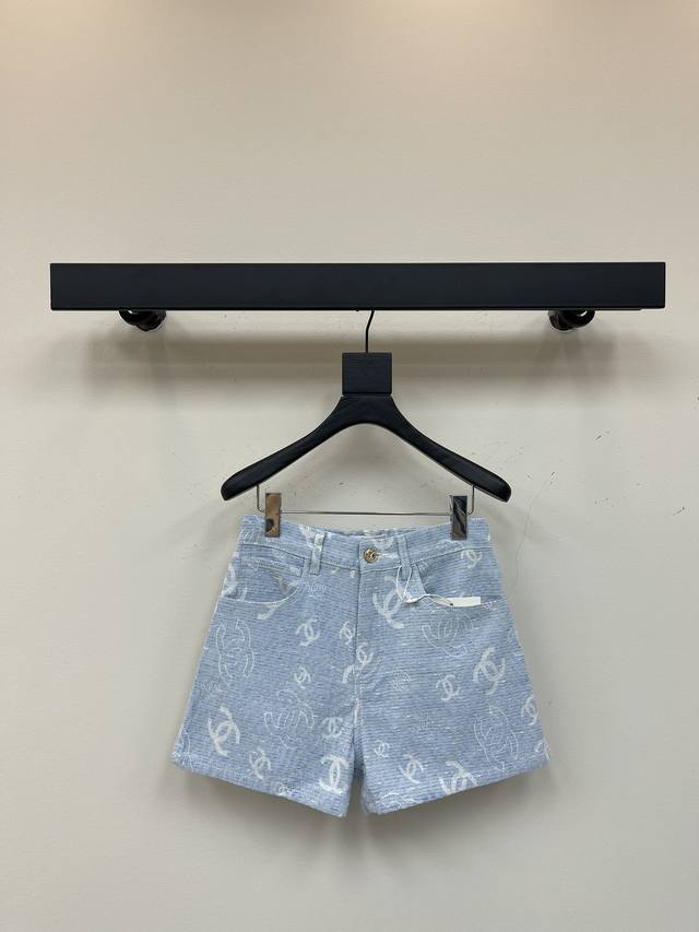 Chane*Chanel-Inspired Front And Back Printed Light Blue Shorts Summer Essential