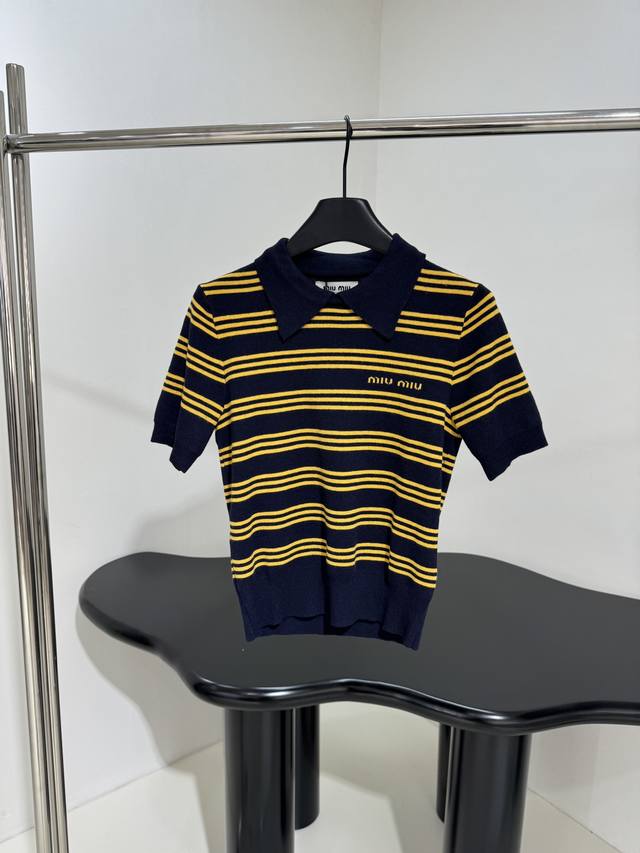 New Arrival Wool Blend Polo Shirt Soft Wool Blend Fabric Stripe Pattern Details
