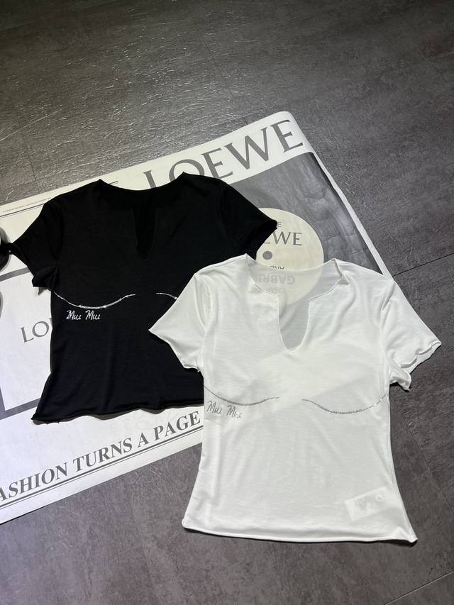 Pp Miumi* Rhinestone V-Neck T-Shirt Now Available. Ultra-Soft, Smooth Fabric Fee
