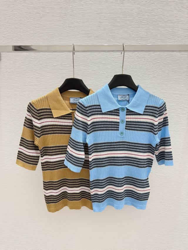 P Family Early Spring New Arrival Collar-Turned Striped Knit Short-Sleeve Shirt