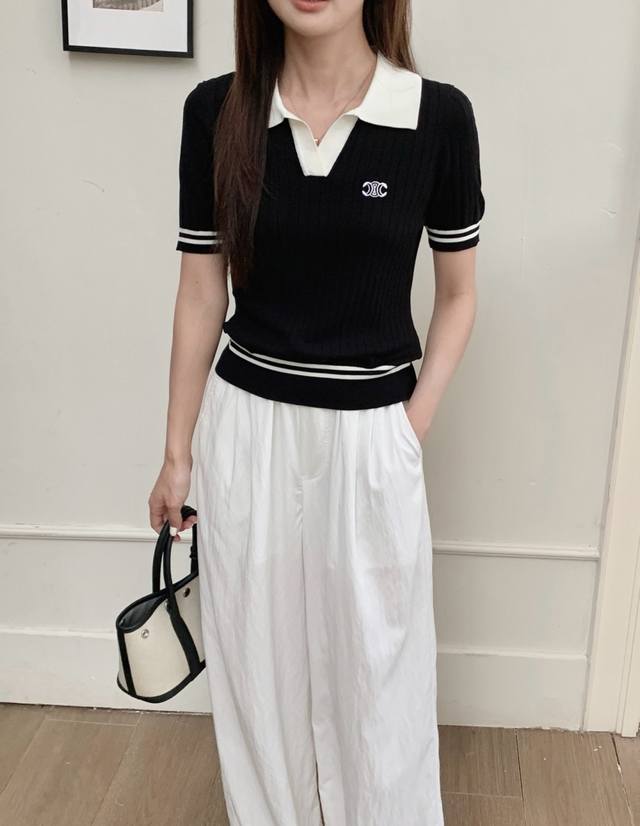 Ce Home Early Spring New Arrival Collar Knit Short-Sleeve Color: White, Black Si