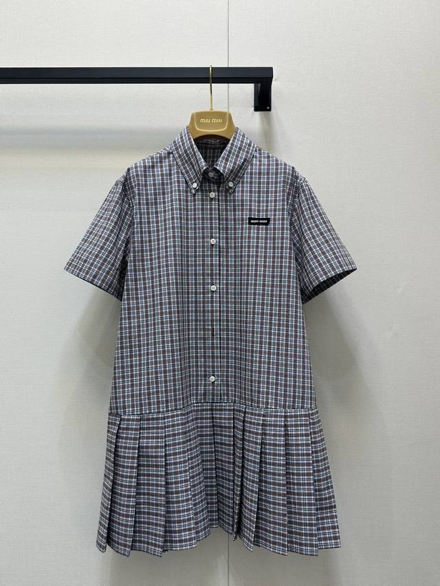 Miumi* 25Ss Early Spring New Arrival Logo Embroidered Pleated Shirt Dress. Origi
