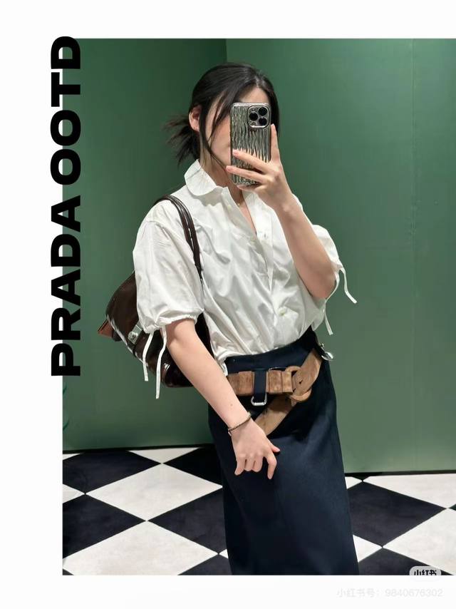 Prada*2025 Lace-Trimmed Short-Sleeve Shirt. The Top Features Rounded Petal-Shape