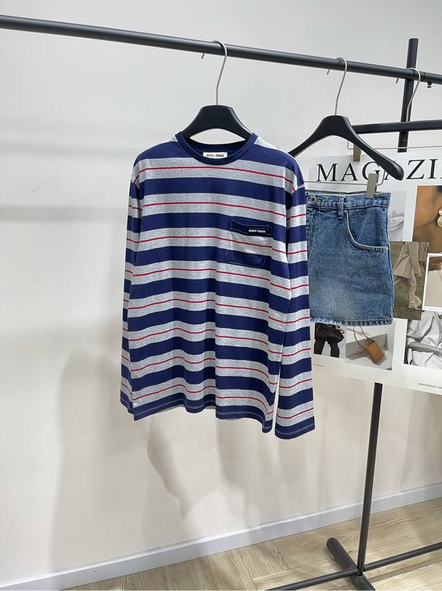 M Gray-Blue Striped Pocket Round Neck Long-Sleeve T-Shirt , Fabric: 100% Cotton