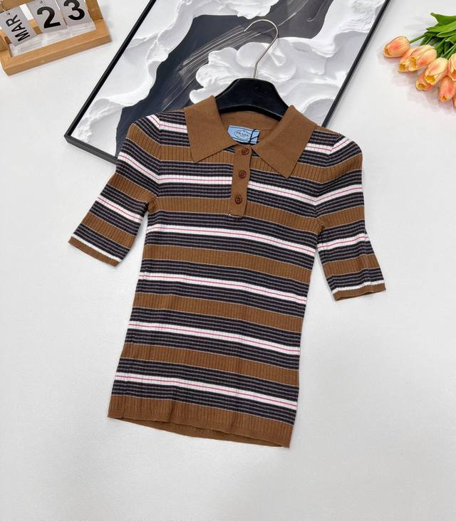 Prada Striped Slim-Fit Wool Knit Sweater Melange Striped Slim-Fit Short-Sleeve K