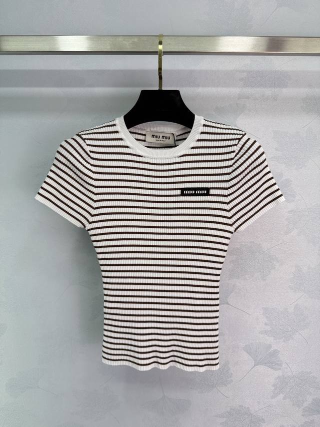 Miu 2023 Summer New Arrival: Bold Color-Blocked Stripe Round-Neck Knit With Fron