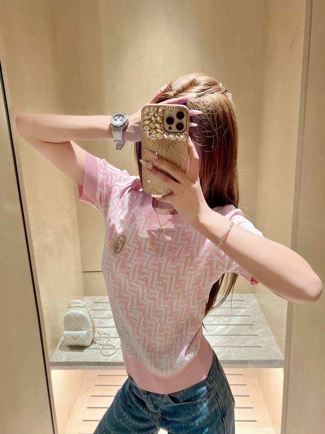 Fendi Vintage Double F Letter Jacquard Embroidered Knit Short-Sleeve Top With Br