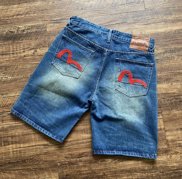 Evisu Fukujin Summer New Arrival Retro Men's Washed Seagull Embroidered Denim Sh
