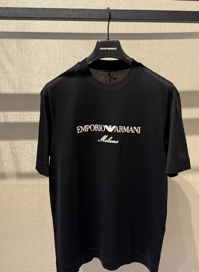 Armani Men's Embroidered Logo Plain Weave Lyocell Blend Round Neck Short-Sleeve