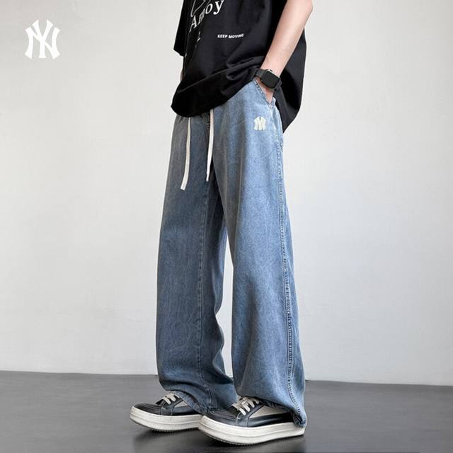Mlb New York Yankees Summer Lightweight Street-Style Washed Denim Pants For Wome