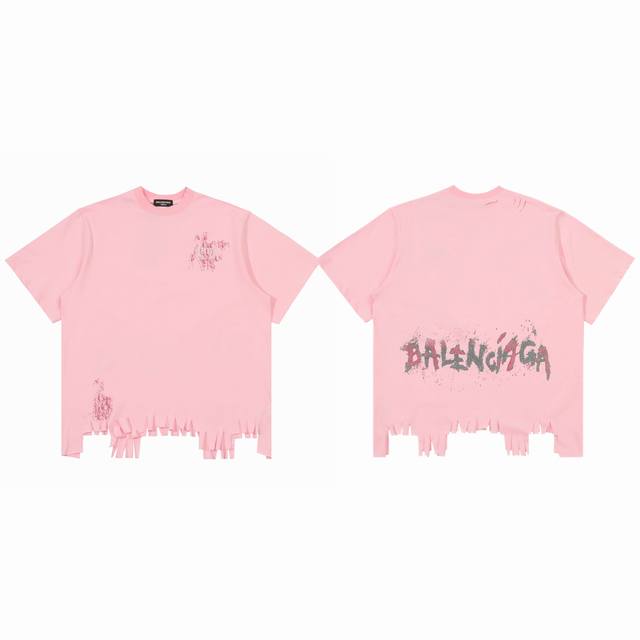 Balenciaga Paris 25Ss Hand-Painted Graffiti Glitter Frayed Hem Couple Round Neck
