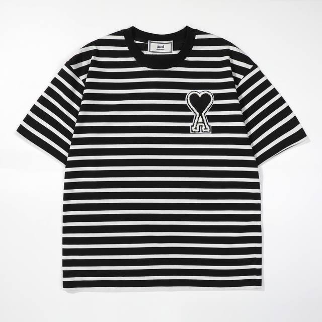Ami Heart-Shaped Towel Embroidered Label Cotton Striped Short-Sleeve T-Shirt Cus