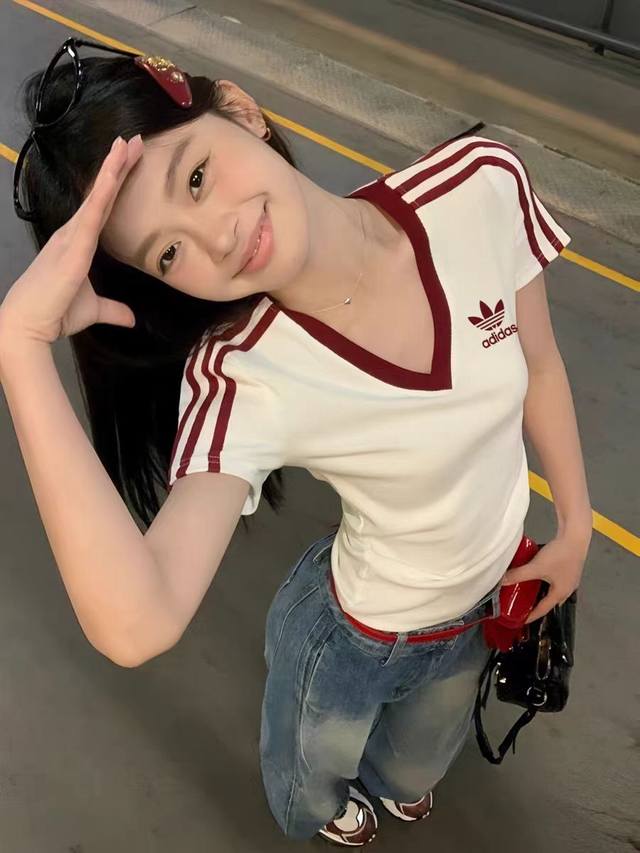 New Arrival Adidas 2025 Summer New Arrival Women's V-Neck Waist-Cinched Short-Sl