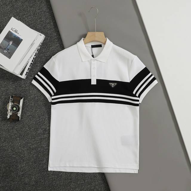 Top-Tier Version Prada Prada Metal Triangle Logo Color-Blocked Collar Polo Shirt