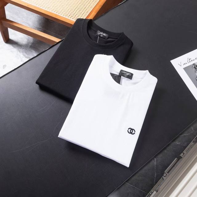 Chanel Embroidered Short-Sleeve T-Shirt 100% Cotton Classic Colors Black And Whi