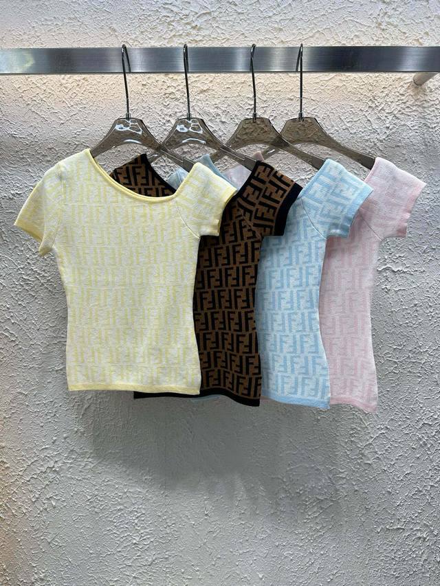 Fendi Classic Double F Letter Embroidered Off-Shoulder Knit Short-Sleeve Top Mod