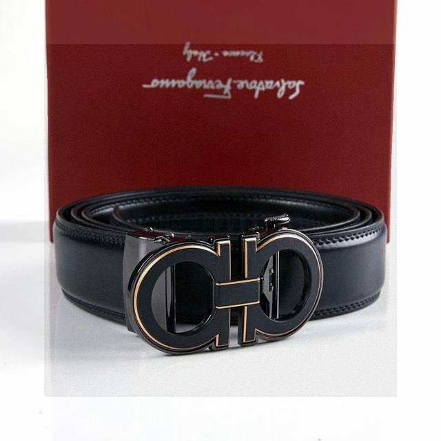 New Arrival! Ferragamo Store-Exclusive Belt. Gunmetal-Colored Gold Buckle Design