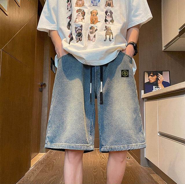 Stone Island American-Style Denim Shorts, Unisex, Overseas Limited Edition Solid
