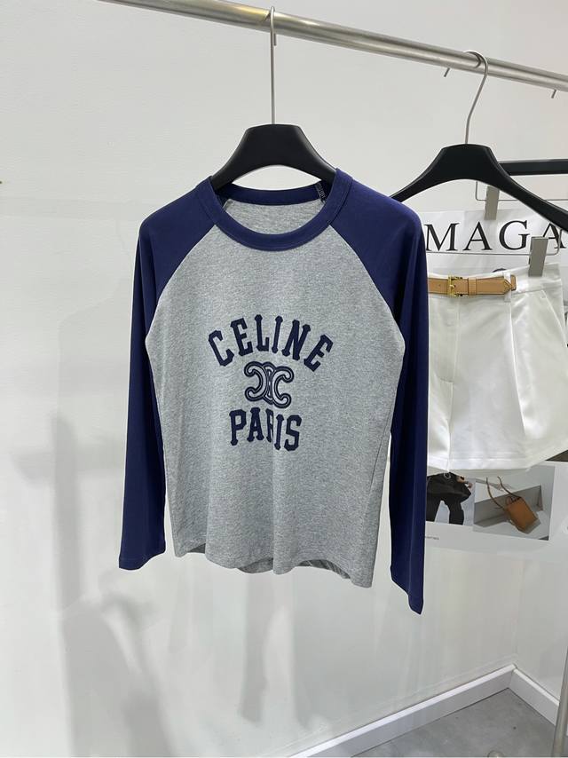 Top-Tier Version Ce Gray-Blue Color-Blocked Velvet Letter Long-Sleeve T-Shirt. F