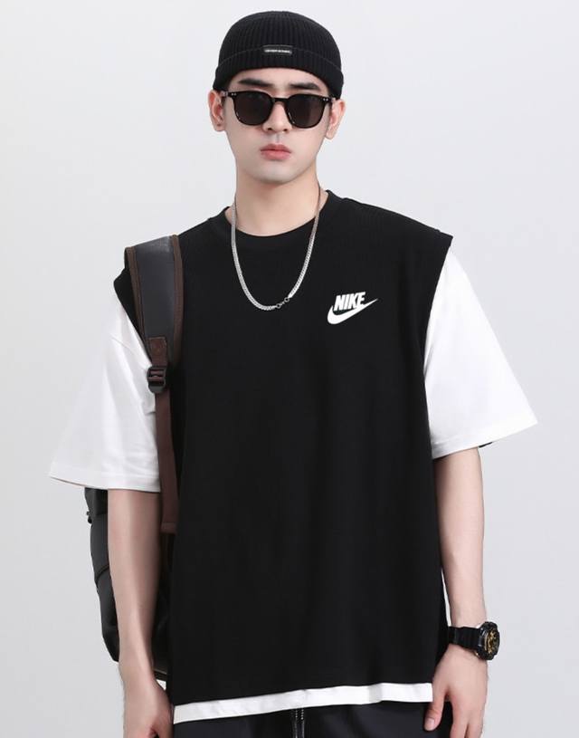 Nike Nike Letter Fake Two-Piece Short-Sleeve T-Shirt, Unisex Summer American Hig