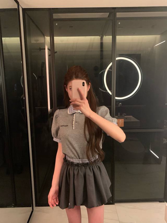 Short-Sleeve Dress Miu Miu Letter Embroidered Checkered Patchwork Polo Shirt Sho