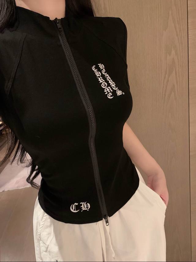 Chrome Hearts Cro Heart Ch Sanskrit Print Slim-Fit Double-Zip Short-Sleeve Top S