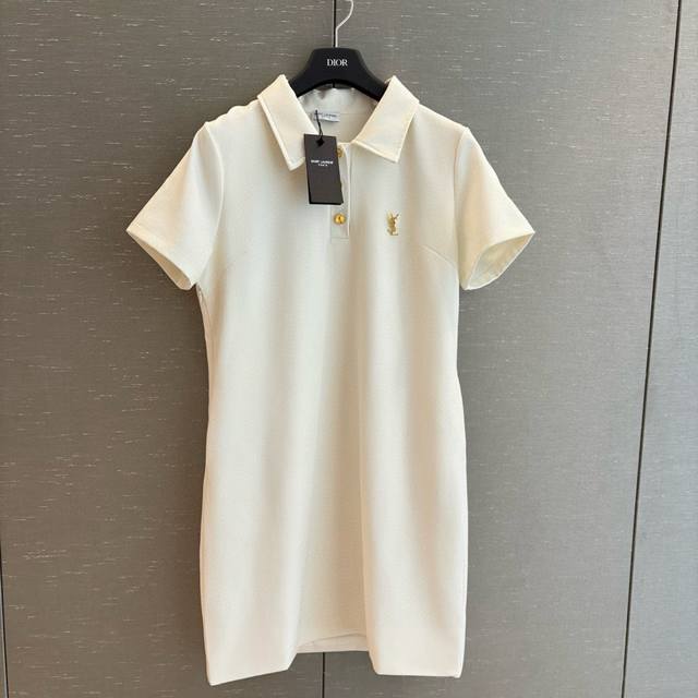 Ysl Custom Letter Gold Buckle Collar Short-Sleeve Dress With Brooch. Style Numbe