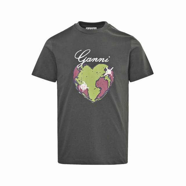 Ganni 25Ss Heart Earth Rhinestone Print Short-Sleeve Shirt If You Haven't Heard