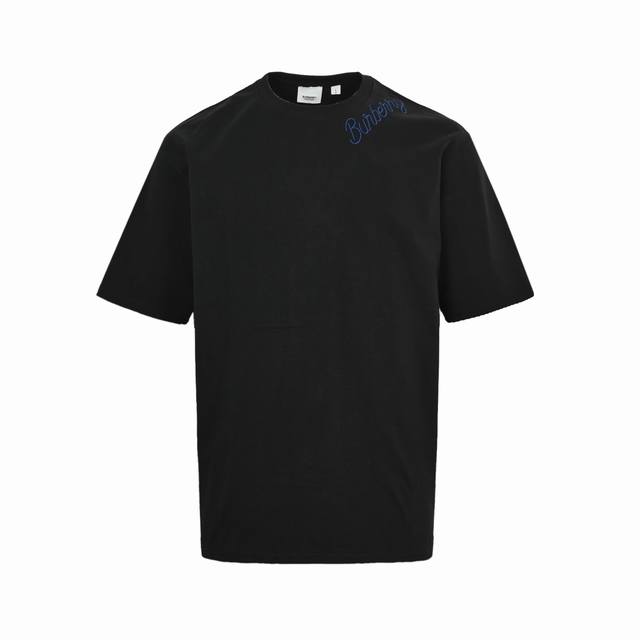 Burberry Short-Sleeve Shirt With Blue Signature Letter Embroidery At The Collar.