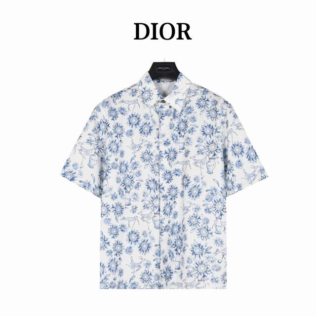 Dior Blue And White Porcelain Print Short-Sleeve Shirt Crafted From Silk Fabric,