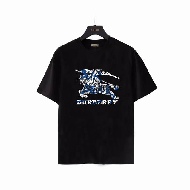 Actual Photos + Details Burberry New Blue And Black War Horse Short-Sleeve T-Shi