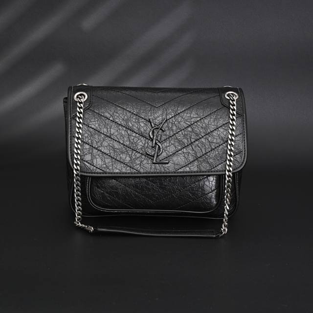 Saint Laurent Ysl Niki Silver Chain Black Label Logo Vintage Pleated D-Ring Wand