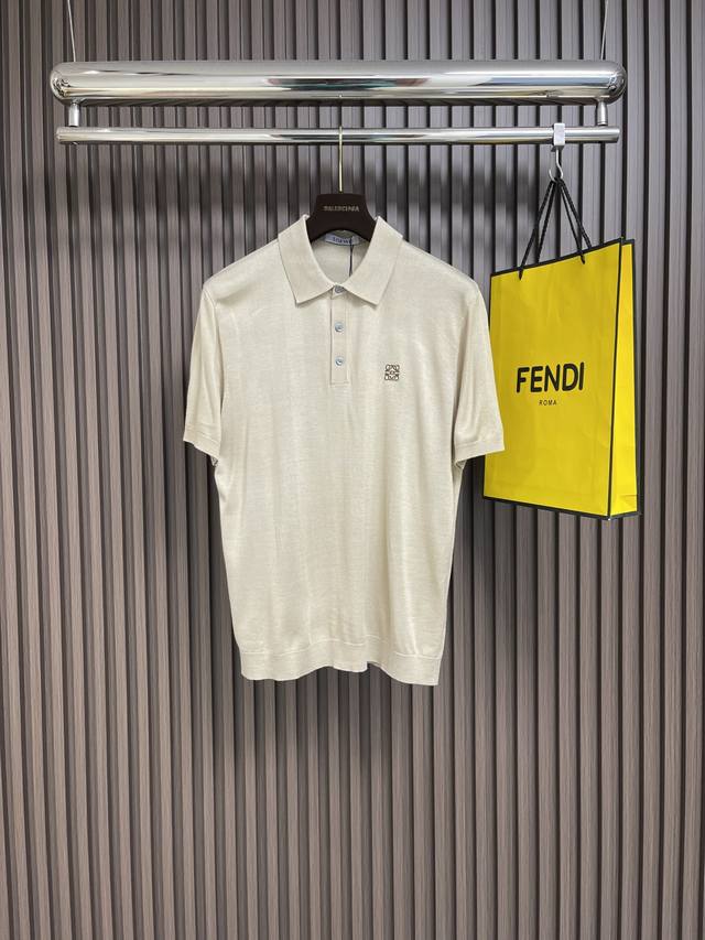 Loewe Classic Logo Embroidered Apricot-Colored Vintage-Inspired Knit Polo Shirt.
