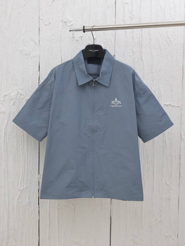 Prad* Prada 25 New Slub Short-Sleeve Zipper Shirt Jacket Custom Yb Slub 100% Cot